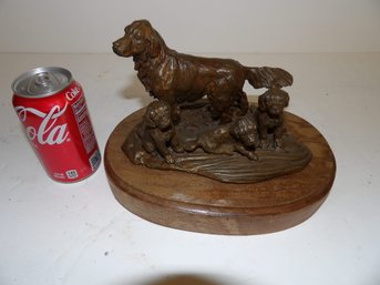 Signed Bronze Dog Grouping Ca 1980 On Wooden Base 8 1/2' Length To Bronze