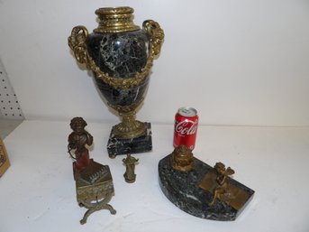 5 Decorative Bronzes Includes 2 Inkwells, Large Marble Urn Missing 2 Feet, 2 Other Bronzes