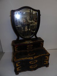 Decorated Wooden Jewel And Dressing Tabletop Mirror, Missing Top Finial On Shield Mirror