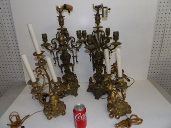 2 Pairs Brass Candelabra, Both Need Work With Some Losses