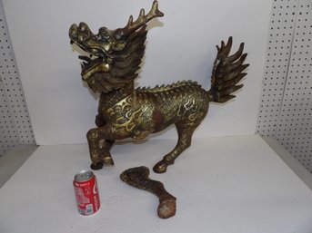 Heavy Cast Iron Dragon With Gilt Decoration, Needs Leg Reattached Chinese 1980's