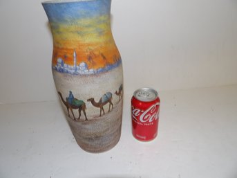 French Art Glass Paint Decorated Vase With Egyptian Desert Scene Signed Soudan