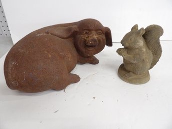 Cast Iron Pig And Cast Stone Squirrel