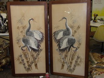 2 Large Japanese Embroideries Of Exotic Birds Framed Behind Glass, One Without Ca 1940