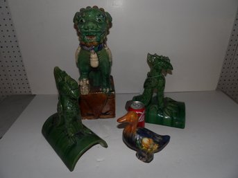 Chinese Glazed Terra Cotta Pottery Foo Dog, Pair Of Roof Tiles And Small Bird