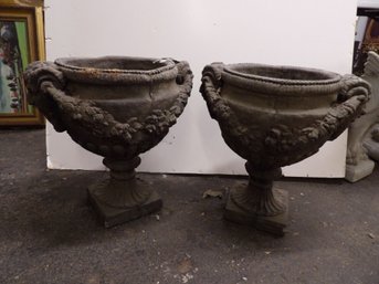 Pair Cast Stone Garden Urns In Good Condition With Gargoyle Faces On Handles