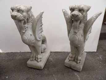 Pair Cast Stone Winged Griffins In Good Condition