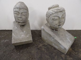 Two Cast Stone Figural Asian Heads Mounted On Slabs