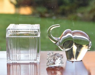 Etherial Collection Of Crystal Cut Glass Modern Lidded Box, Elephant And Swan