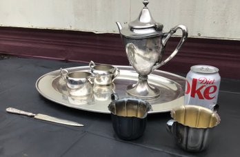Silver-Plated Tea Set And Letter Opener With Tray