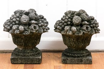 Pair Of Cast Cement Fruit Basket Ornaments In The Italian Manner