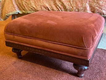 Burgundy Upholstered Ornate Wood Framed Ottoman 31x23x16'