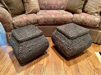 Pair Of Rattan Woven Storage Square Ottomans