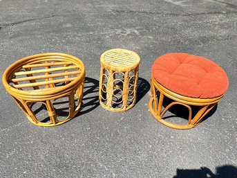 2 Rattan Stools, Or Footstools, With Small Wicker Table