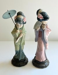 2 Lladro Porcelain Figurines- Geisha Girl With Parasol And Chrysanthemum