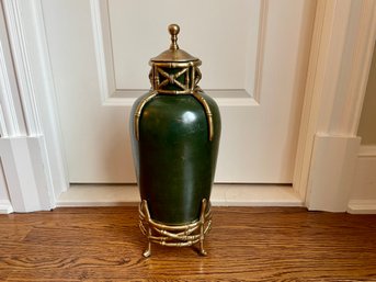 Green Metal Urn With Bamboo Form Details