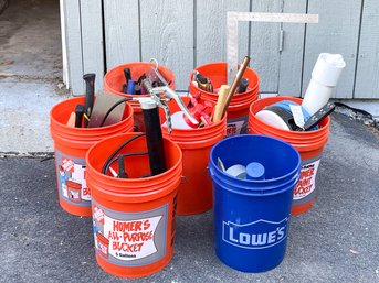 Assorted Tools And Hardware With Seven Buckets