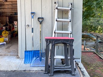 Lot Including Extension Ladder, Snow Shovels And A Pair Of Horses