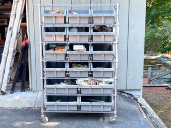 Rolling Storage Rack With Eighteen Bins And Assorted Tools And Parts