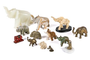 Cute Collection On 13 Assorted Elephants, Including Stone, Brass And More