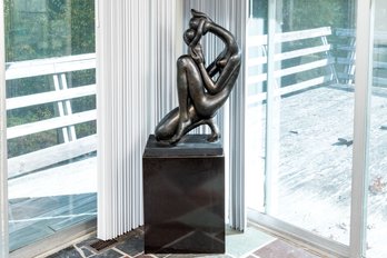 Modern Bronzed Finished Plaster Sculpture, Mother And Child, With Pedestal