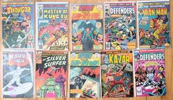 LOT OF 10 MARVEL BRONZE AGE COMIcs SILVER SURFER,THE DEFENDERS,IRON MAN,THONGER