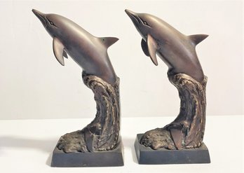 Pair Of Bey-Berk Vintage Bronze Jumping Dolphin Bookend Statues