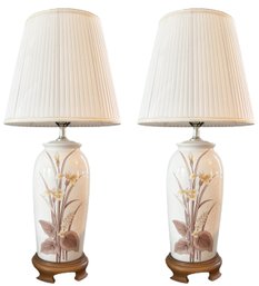 A Pair Of Vintage Ceramic Lamps On Fruit Wood Bases, C. 1970's