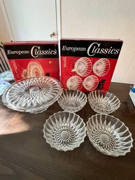 Crystal Cake Plate With Matching Dessert Bowls, NIB