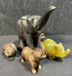 Five Vintage Elephants Made Of Brass, Carved Wood, And Onyx