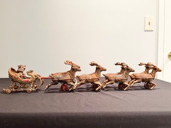 RARE Vintage Cast Iron Mechanical Santa Sleigh With 8 Reindeer