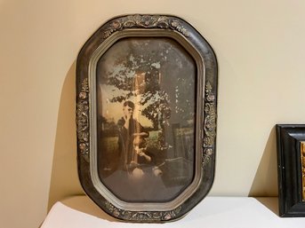 Antique Curved Glass Wood Framed Portrait Of Two Young Boys