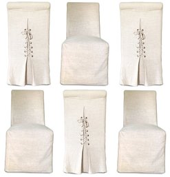 A Set Of 6 Restoration Hardware Banquet Chairs With Linen Lace Up Slip Covers