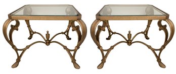 A Pair Of Hollywood Regency Style Bronzed Iron And Glass End Tables Or Nightstands