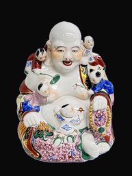 Adorable Vintage Chinese Porcelain Figurine - Laughing Grandpa Buddha Statue W/Grandbabies Crawling Around Him