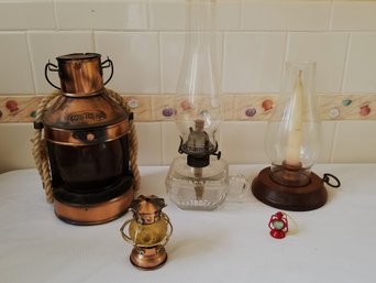 Set Of 5 Various Size & Style Lanterns, Oil Lamps & Hurricane Candle Holders