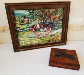 Vintage Model-t Wooden Box With 2 Decks Of Cards & Framed Antique Automobile Needlepoint