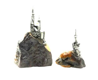 Tiny Pewter Castles On Burlwood Bases