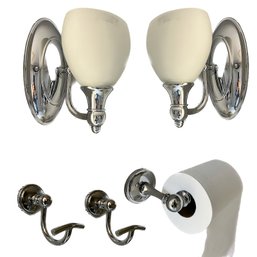 A Pair Of Polished Chrome Wall Sconces With White Matte Glass Shades And Accessories - Bath-B