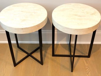 Pair Ivory Inlay Style Side Tables And Navy Beige Hassock