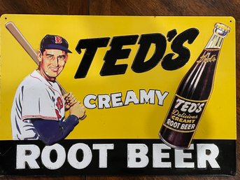 Vintage Metal Advertising Sign Teds Creamy Root Beer Featuring Ted Williams  Sign Is 11-1/2' X 17'