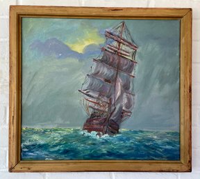 Vintage Signed Oil On Canvas Ship At Sea - Note Paint Chips In Picture