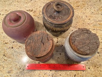 4 Hand Made Earthenware Pottery Jugs All Signed Two With Cork Lids