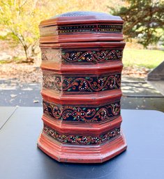 Vintage Chinese Hand Painted Basket Weave Food Storage Container