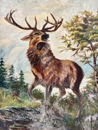 STAG STICKING HIS TONGUE OUT ...And Showing His Teeth, Antique Oil Painting On Canvas, Blanche M. Belches Deer