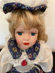 Vintage Porcelain Doll With Blue Flower Dress