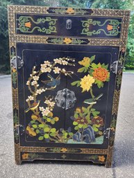 Black Laquer Chinese Cabinet With Hand Painted Chinoiserie Bird And Flower Design