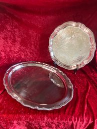 2 Webster Wilcox Silver Plate Serving Platters  1 Large Oval  1 Round Etched Floral