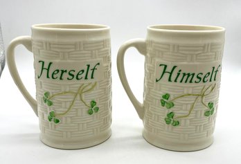 Set Of Herself & Himself  Belleek  Shamrock China Mugs