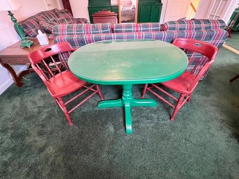 Green Glass Top Pedestal Table With Two Chairs